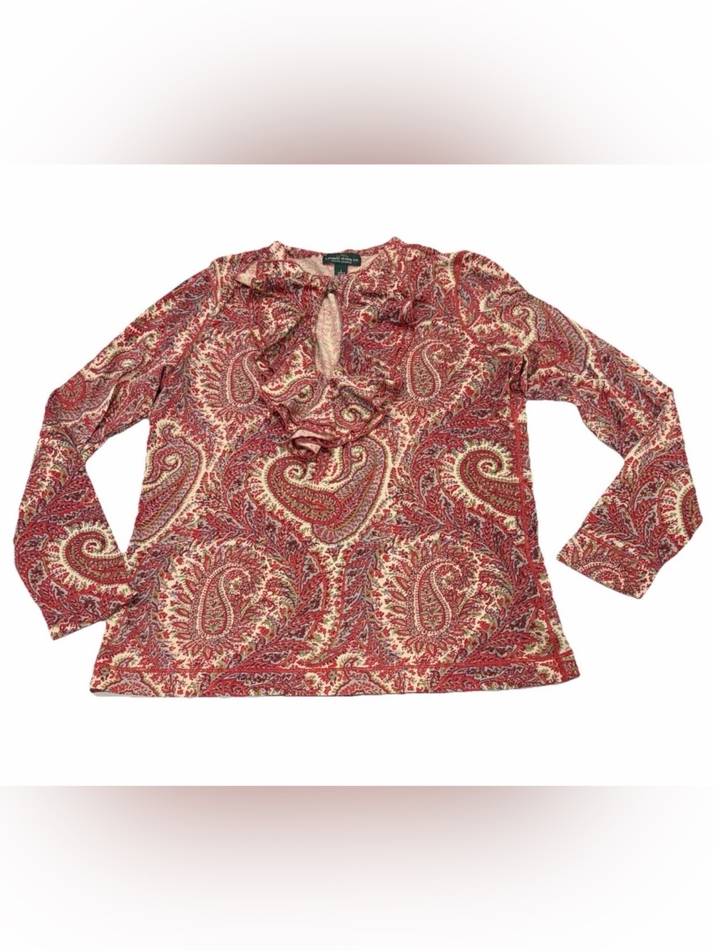 LRL Lauren Jeans Co Paisley Red Long Sleeve Ruffled Hook & Eye Front Top Size L